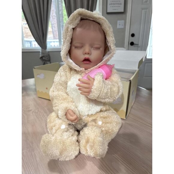 🆕17 Inch Realistic Full Body Soft Vinyl Silicone Girl Doll in Bear Outfit - Picture 1 of 13